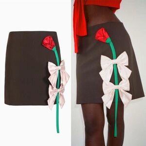Sandy Liang- Brown Mid Skirt with Rose Bow Detail Size 0 Designer Spring Fashion